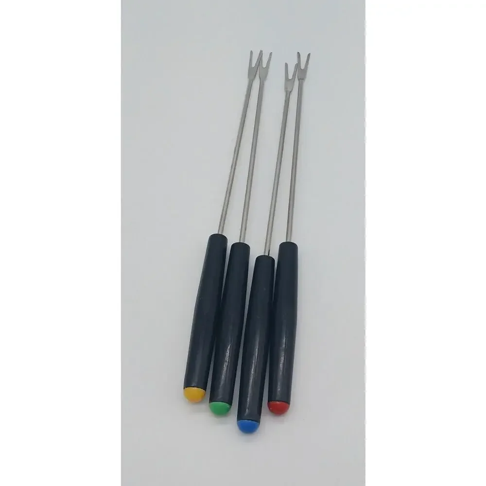 Set of 4 Vintage Fondue Forks Black Plastic Handles Red Yellow Green Blue Ends